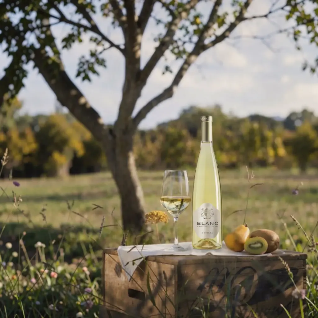 Botella de Cesilia Blanc y copa bajo un almendro en la finca