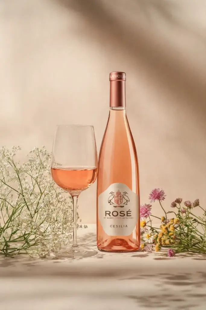 Botella y copa de Cesilia Rosé