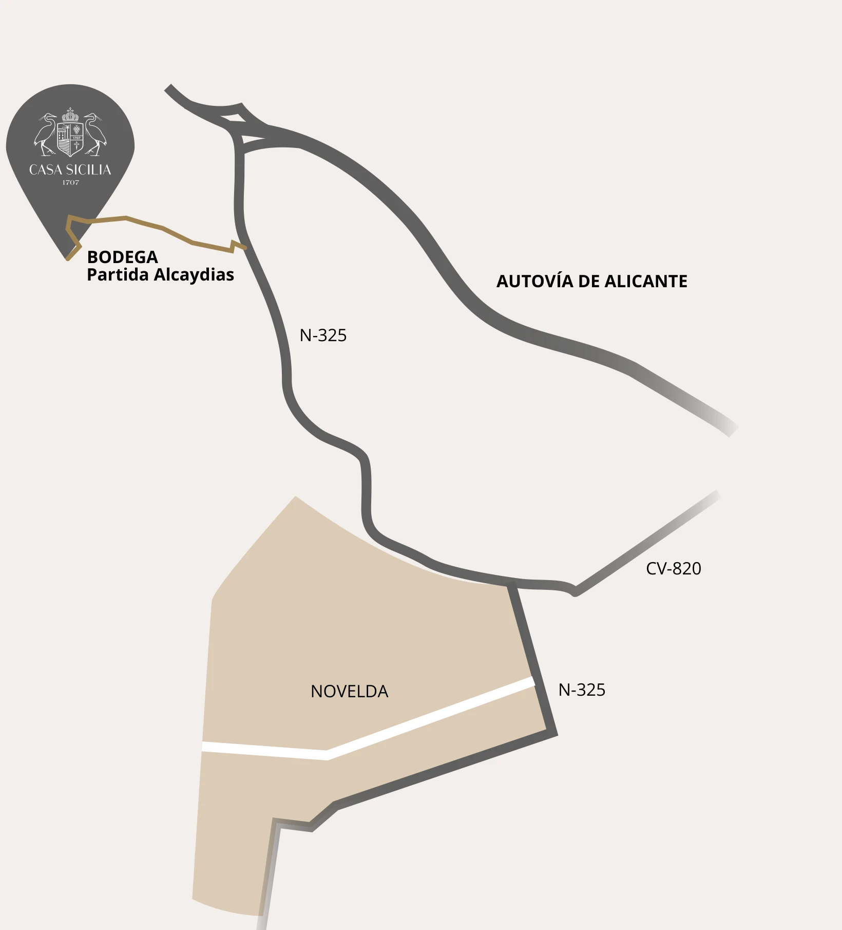 Croquis de acceso a la bodega Casa Sicilia desde la autovía de Alicante y Novelda