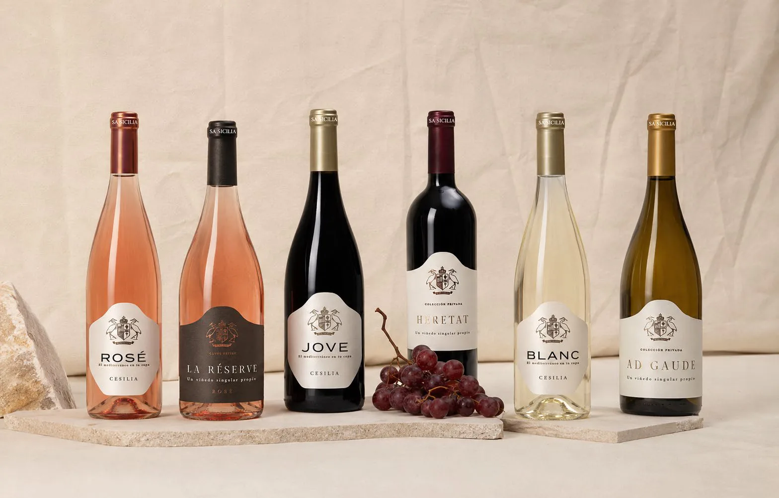 Gama de vinos Casa Sicilia: Rosé, La Réserve, Jove, Heretat, Blanc y Ad Gaude