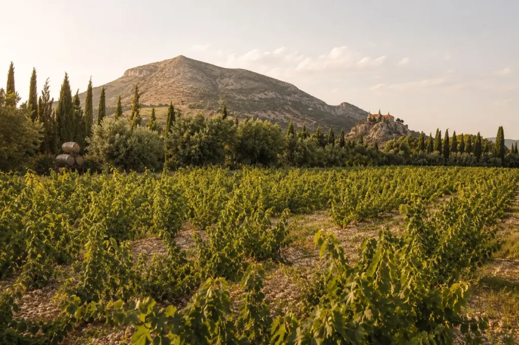 Viñedos de Casa Sicilia con la sierra de La Mola al fondo