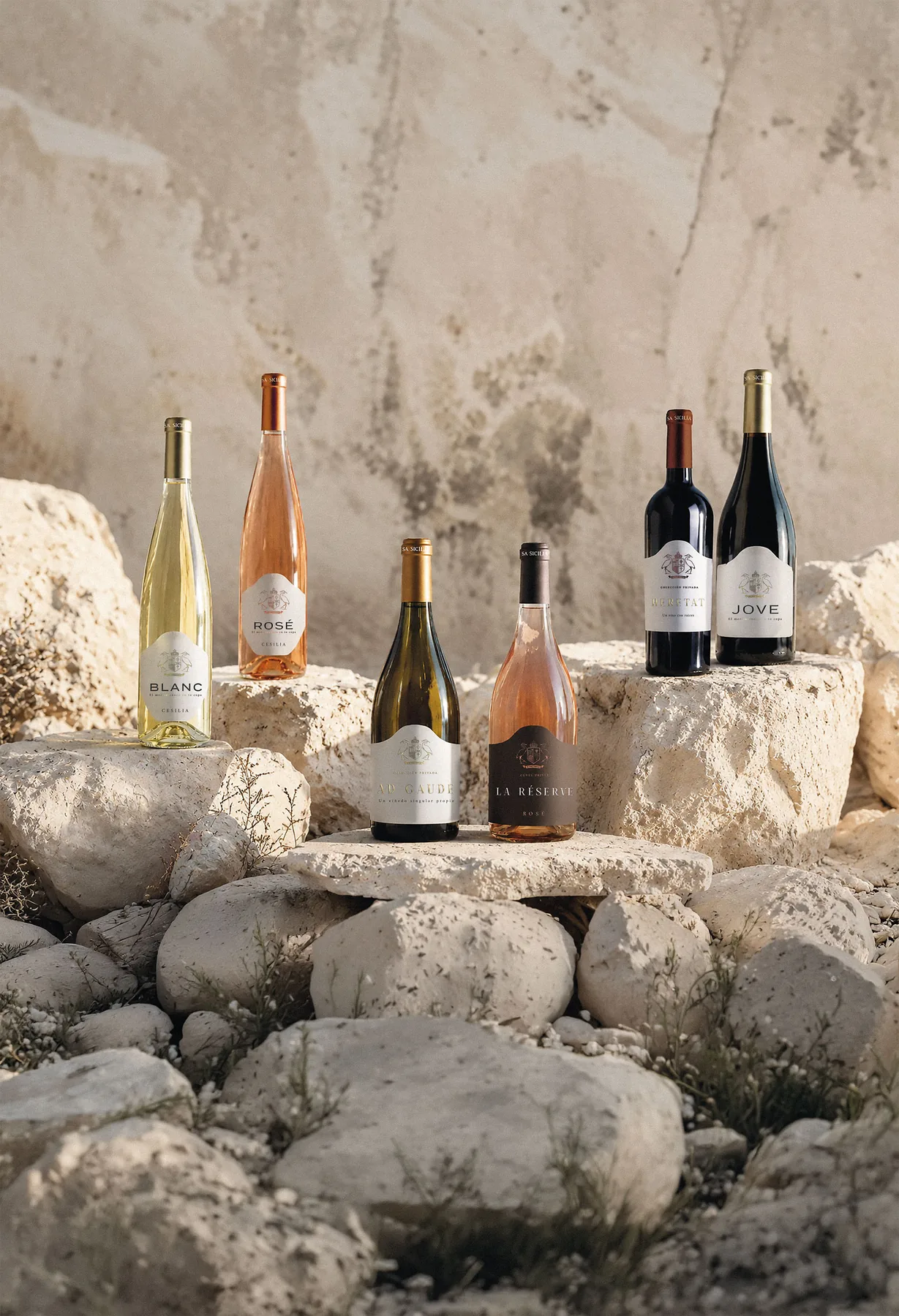 Vinos de Casa Sicilia sobre roca caliza: Blanc, Rosé, Ad Gaude, La Réserve, Heretat y Jove