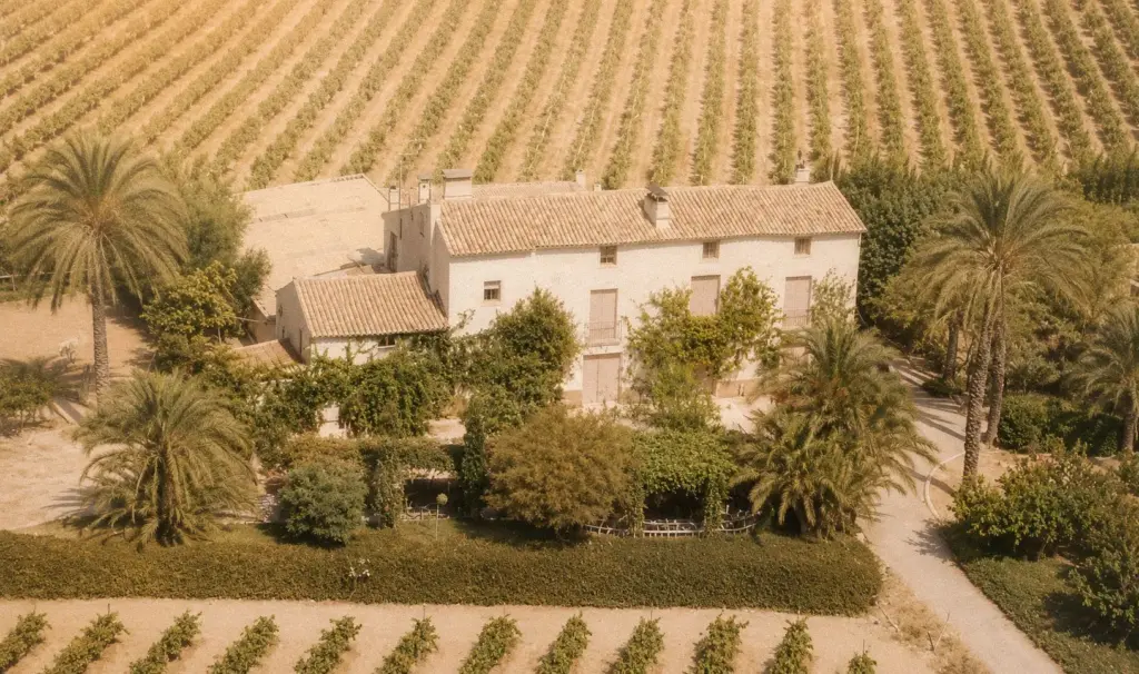 Casa de labor de la Heretat de Cesilia rodeada de viñedos